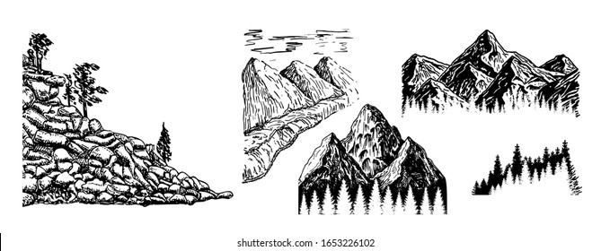 Mountains detailed sketch and silhouettes. Mountains and river, coniferous forest. Hand drawn engraving style for tattoo,  print, poster, sticker.