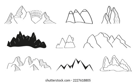 Mountains doodle icons vector. Rocks silhouettes set. Mountain ranges and tops in a linear style. Winter hiking logo. 