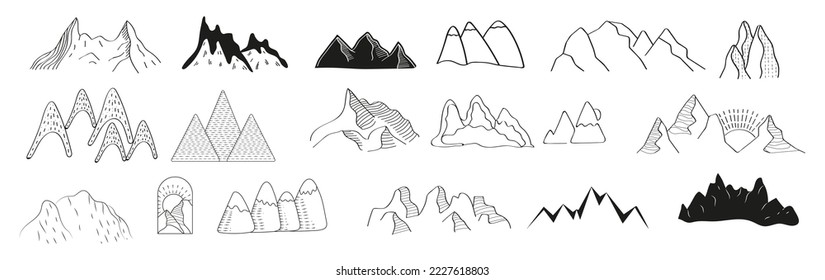 Mountains doodle icons vector set. Rocks silhouettes sets. Mountain ranges and tops in a linear style. Winter hiking logo. 