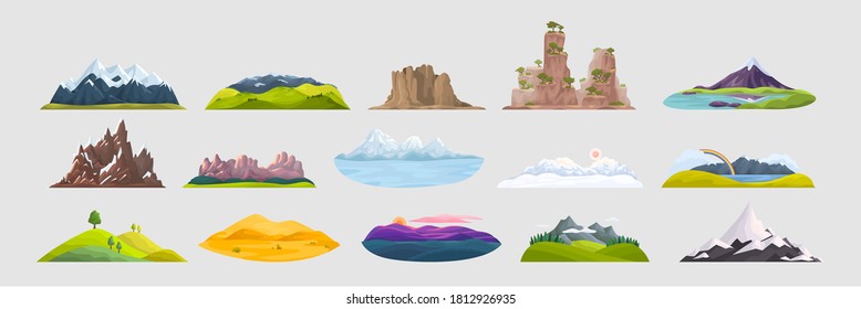 Mountains doodle set. Collection of cartoon style drawing rocky objects hill tops and outdoor landscape with winter peaks and sand dunes. Natural terrain travelling tourism destinations illustration.