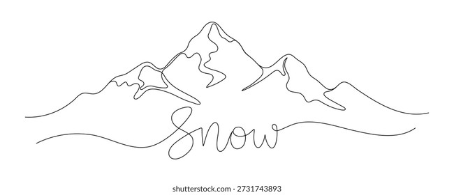 Mountains drawn with a single continuous line. Single-line drawing, symbol of travel, snow, and mountain beauty, vector illustration.