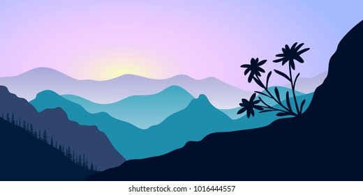 mountains, edelweiss and forest at sunrise. landscape with silhouettes. Vector illustration. hills, trees, mist, sun beam with sunrise or sunset sky. For prints, posters, wallpapers, web, background