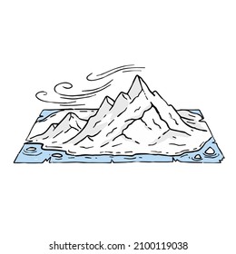 Mountains in engraving style. Landscape on map. Rocky peak and nature. Retro travel and hike in highlands . Medieval old manuscript