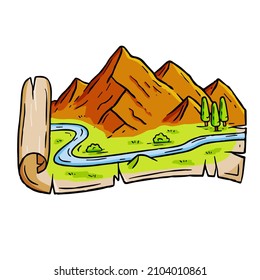Mountains in engraving style. Landscape on map. Rocky peak and nature. Retro travel and hike in highlands. Medieval old manuscript