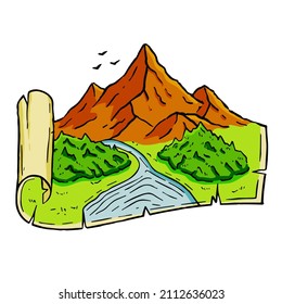 Montañas de estilo grabado. Paisaje en el mapa. El pico y la naturaleza rocosos. Viajes retro y caminatas por las tierras altas. manuscrito medieval