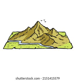 Mountains in engraving style. Landscape on map. Rocky peak and nature. Retro travel and hike in highlands. Medieval old manuscript