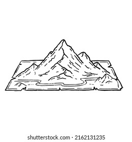 Mountains in engraving style. Landscape on map. Rocky peak and nature. Retro travel and hike in highlands. Medieval old manuscript