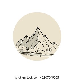 Mountains in engraving style. Logo of highlands landscape and peak in circle. Hand drawn design. Rocky ridge.