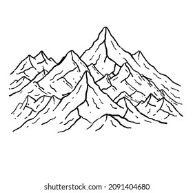 Mountains in engraving style. Nature landscape of highlands. Hand drawn design. Rocky ridge.