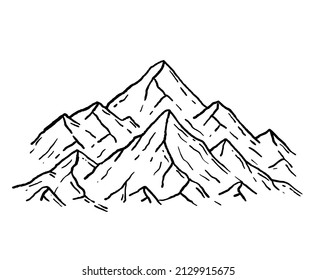 Mountains in engraving style. Nature landscape of highlands. Rocky ridge. Hand drawn design