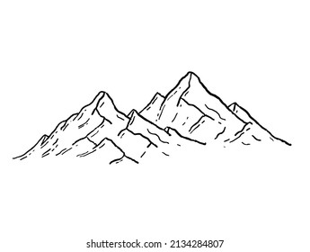 Mountains in engraving style. Nature landscape of highlands. Hand drawn design. Rocky ridge.