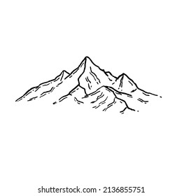 Mountains in engraving style. Nature landscape of highlands. Hand drawn design. Rocky ridge.