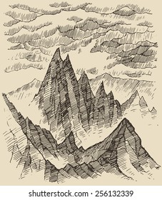 Mountains, engraving vector illustration, hand drawn, sketch