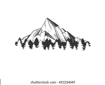 Mountains engraving vector illustration. Rock drawing design element. Scratch board style imitation. Hand drawn image.