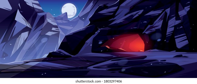 Mountains with entrance to cave lit from within at night. Vector cartoon winter landscape with rocks, snow, moon in sky and deep stone cavern with light inside