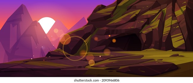 Mountains with entrance to dark cave at sunset. Vector cartoon illustration of summer landscape with rocks, deep stone cavern or mine, green grass and sun at evening