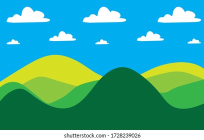 mountains eps 10 illustration background View of green Realistic illustration of mountain landscape with silhouettes of coniferous trees and forest under blue sky with fog or haze and space for text 