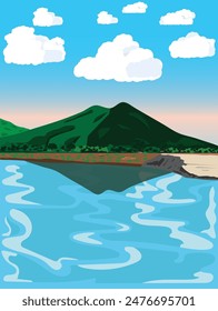 The mountains in the evening are close to the river and coast. Surrounded by trees Cool atmosphere.