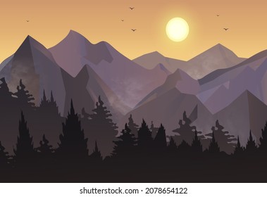 Mountains evening landscape. Sunset or sunrise, panorama, terrain. Nature, fresh air hills peaks. Travel beautiful view forest. Journey moment, adventure. Cartoon flat vector illustration