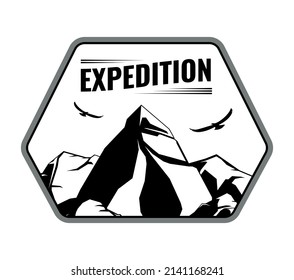 Mountains expedition monochrome emblem with silhouettes of rocks and flying birds flat vector illustration