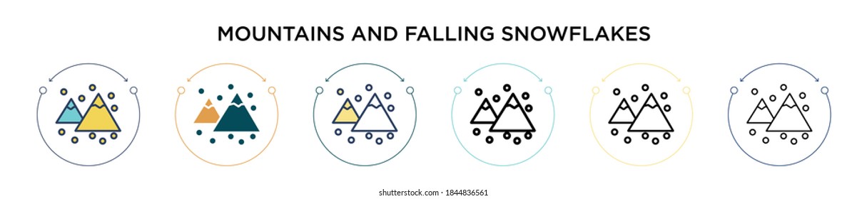 Mountains and falling snowflakes icon in filled, thin line, outline and stroke style. Vector illustration of two colored and black mountains and falling snowflakes vector icons designs can be used