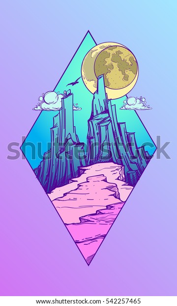 Mountains fantastic
post-apocalyptic landscape icon. Wildlife diamond-shaped logo.
Night landscape in acid
colors.