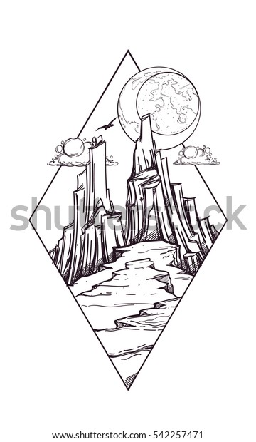 Mountains fantastic post-apocalyptic landscape\
icon. Wildlife diamond-shaped logo. Night. Black and white outline\
drawing for\
coloring.