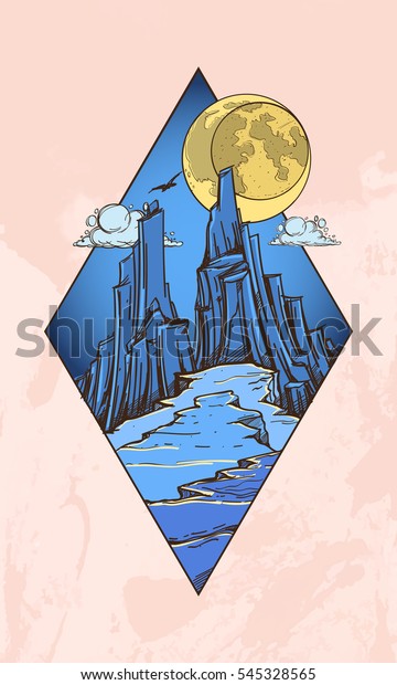 Mountains fantastic\
post-apocalyptic landscape icon. Wildlife diamond-shaped logo.\
Night. Illustration for printing on T-shirts and other items.\
Picture for design travel\
agencies.
