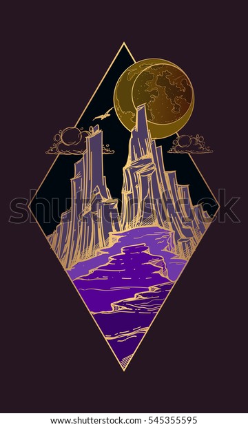 Mountains fantastic post-apocalyptic landscape
icon. Wildlife diamond-shaped logo. Night landscape in acid colors
with a gold outline.