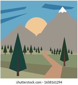 mountains field and forest with snow autumn landscape with sun and forest