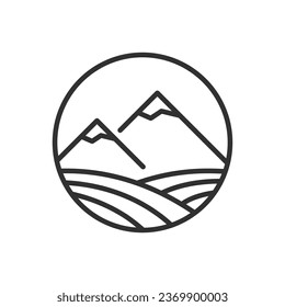 Mountains and fields, linear icon. Line with editable stroke