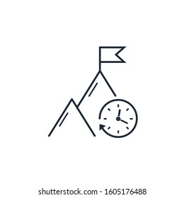 Mountains, flag , clock . Time to reach the goal. Vector linear icon on a white background.