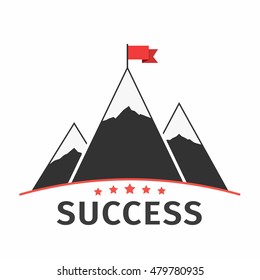 Mountains with flag emblem or logo, success or mission concept, vector eps10 illustration