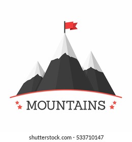 Mountains with flag emblem or logo, success or mission concept, vector eps10 illustration