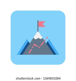 Mountains with flag flat color icon. Successful goal achievement concept. Symbol for web page, mobile app, banner, social media. Pictogram UI/UX user interface. Vector clip art.
