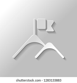 Mountains and flag logo, simple icon. Paper style with shadow on gray background