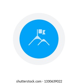 Mountains and flag logo, simple icon. Icon in colored circle with gray bold border. Web button, modern flat design