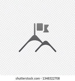 Mountains and flag logo, simple icon. On grid background