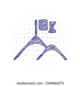 Mountains and flag logo, simple icon. Hand drawn sketched picture with scribble fill. Blue ink. Doodle on white background