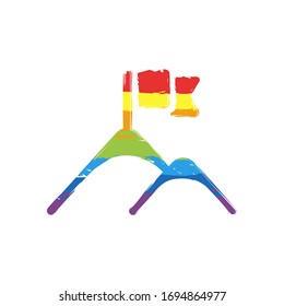 Mountains and flag logo, simple icon. Drawing sign with LGBT style, seven colors of rainbow (red, orange, yellow, green, blue, indigo, violet