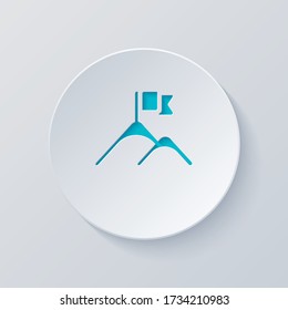 Mountains and flag logo, simple icon. Cut circle with gray and blue layers. Paper style