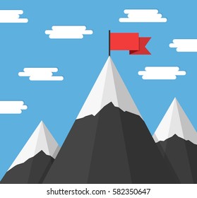 Mountains with flag on background of blue sky with clouds, success or mission concept, vector eps10 illustration