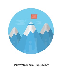 Mountains with flag on background of blue sky with clouds, success or mission concept, vector eps10 illustration