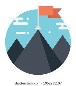 
Mountains with flag on cloudy background. Concept of success or mission. Flat vector illustration 
