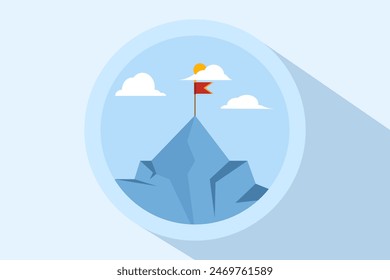 Mountains with a flag on it, leadership emblem concept, achievement success, success reaching the top of career or business, mission symbol, mountain climbing, flat vector illustration on background.