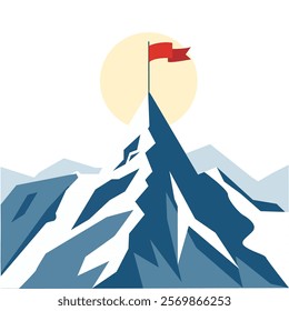  Mountains with flag on a peak as aim achievement or leadership illustration