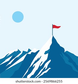  Mountains with flag on a peak as aim achievement or leadership illustration