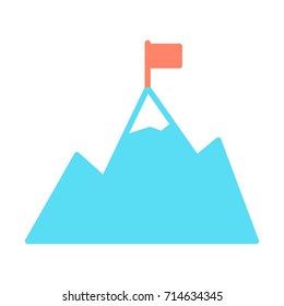 Mountains with flag on peak icon. Goal achievement symbol. Success pictogram. Silhouette vector illustration