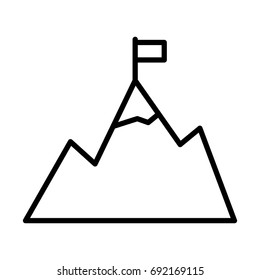Mountains with flag on peak line icon. Goal achievement outline symbol. Success pictogram in outline style. Vector