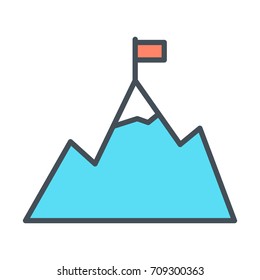 Mountains with flag on peak line icon. Goal achievement outline symbol. Success pictogram in outline style. Vector